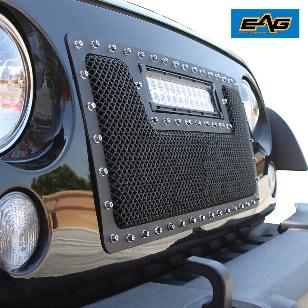 EAG Rivet Black Stainless Steel Wire Mesh Grille with LED Light Fit for 07-18  Jeep Wrangler JK 1PC 
