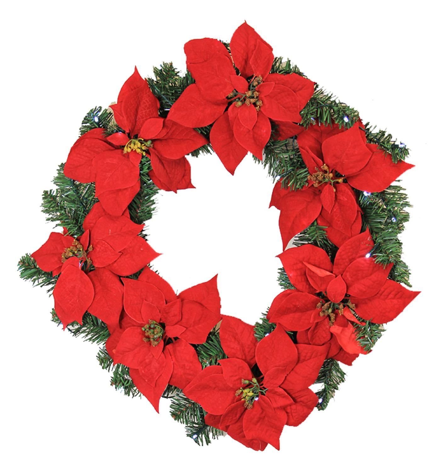 24" PreLit Red Artificial Poinsettia Christmas Wreath Clear LED