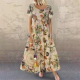 thumbnail image 1 of Vestido largo con cuello redondo para mujer, ropa elegante con estampado de flores botánicas, estilo rústico informal, manga corta, dobladillo grande, Verano, 1 of 4