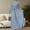 thumbnail image 4 of MORTTIC Women's Floral Print A-Line Stand Collar Elegant Lantern Long Sleeve Maxi Dress Waist Detail Ruffle Hem Blue S, 4 of 6