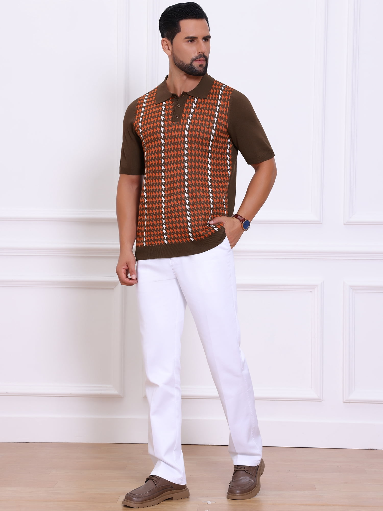 DARING DIVA Men's Houndstooth Summer Short Sleeve Casual Knit Polo Shirt L Brick Red