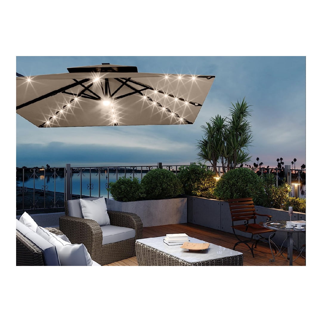 10' x 10' Heavy Duty Cantilever Patio Umbrella with LED Lights & Weighted Base, Square Aluminum Offset Umbrella 360-Degree Rotation for Outdoor Decor, Backyard, Deck, Pool