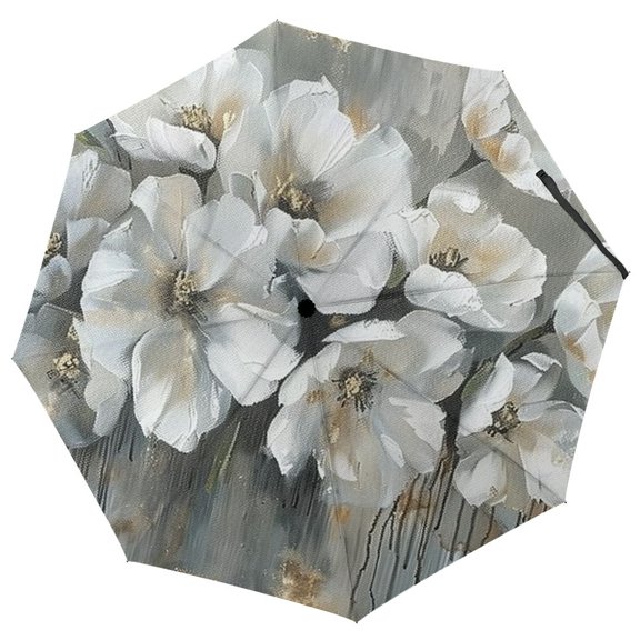 JRXY White Flowers Three-Fold Automatic Open Close Travel Umbrella PG Fabric for Rain and Sun Automatic