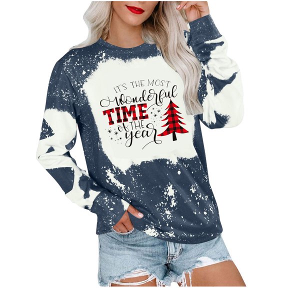 IROINNID Women's Long Sleeve Sweatshirt Round Neck Mid-Length Print Leisure Tops Christmas Tie Blanket Sweatshirts, Blue