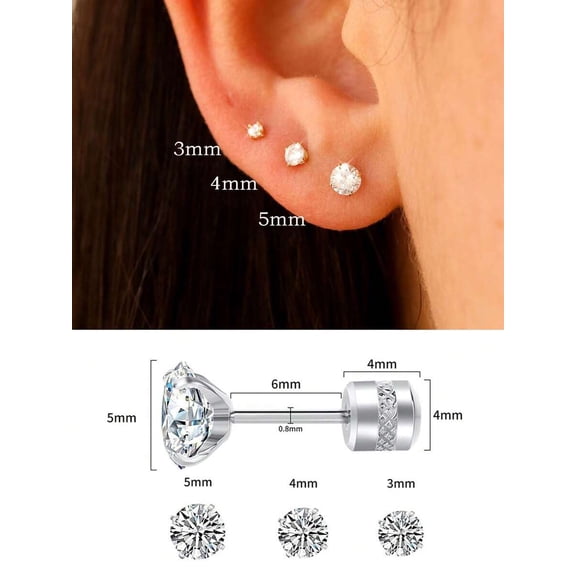 Silver-1# Round CZ Stud Earrings Set 3 Pairs Stainless Steel 3mm/4mm/5mm
