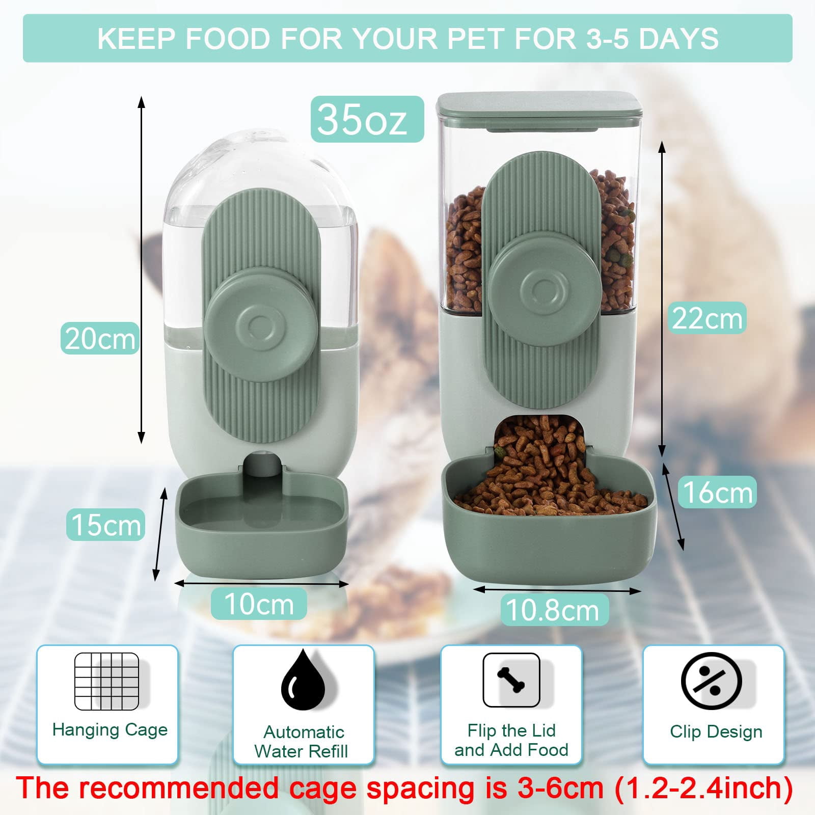 2pcs Hanging Automatic Food Water Dispenser, Gravity Pet Feeder and Waterer Set, Green Cage Food Bowl for Puppy Cat Rabbit Chinchilla Hedgehog