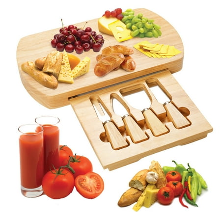 Cheese Board With Knives Inside Costway 5 PC Wood Cheese Board Knife Set 4 Stainless Steel Knife Slide Out Cutting Board ()
