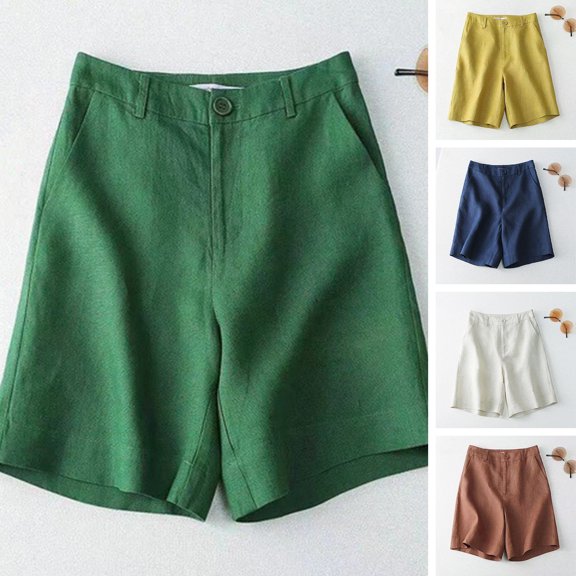 Joernso Women Summer Shorts Pocket Breathable Solid Color Straight Knee Length Daily Wear Loose High Waist Wide Leg Lady Shorts Female Clothes