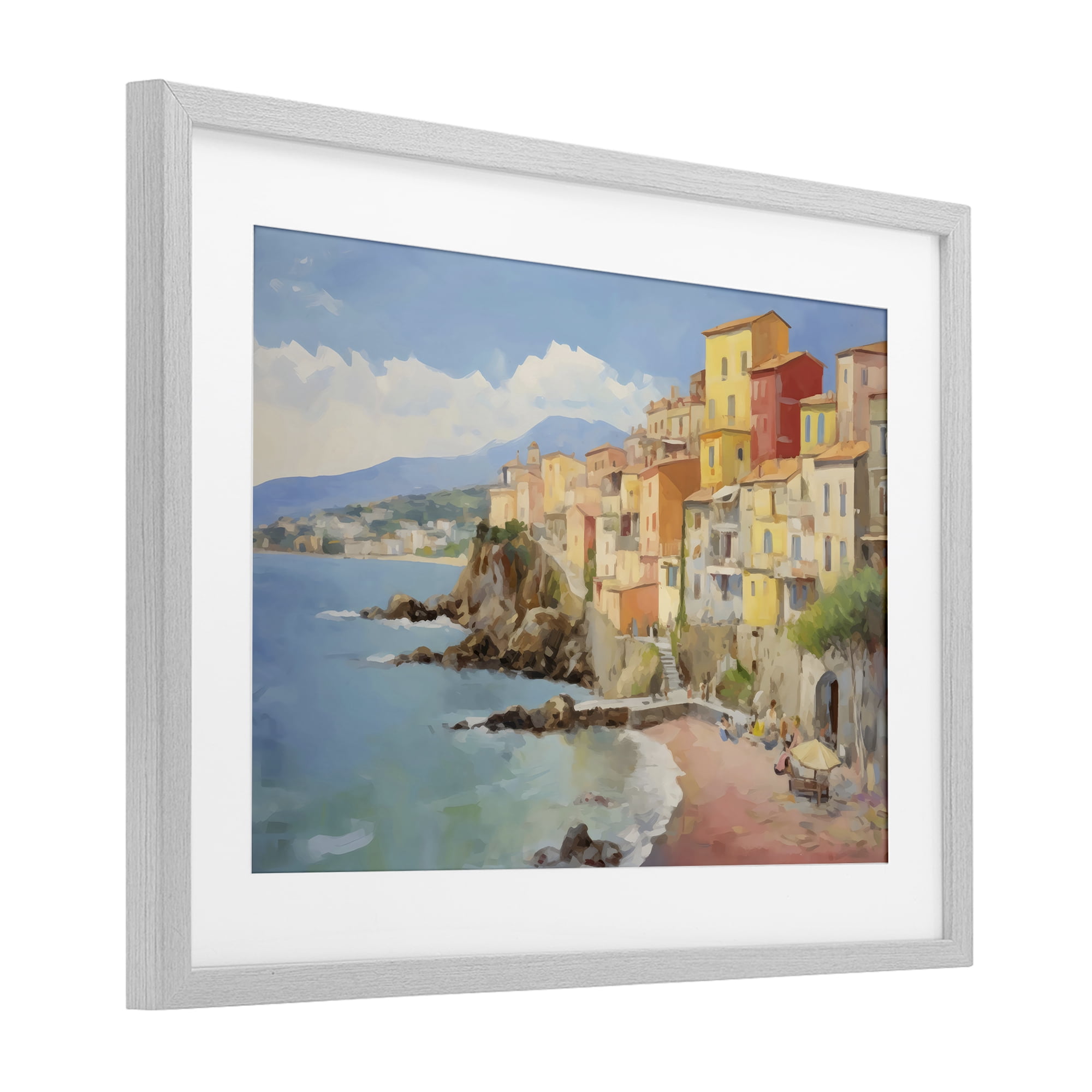 Stupell Industries Colorful Coastal Town by Sea Gray Framed Print Under Glass, design by Creative Studio