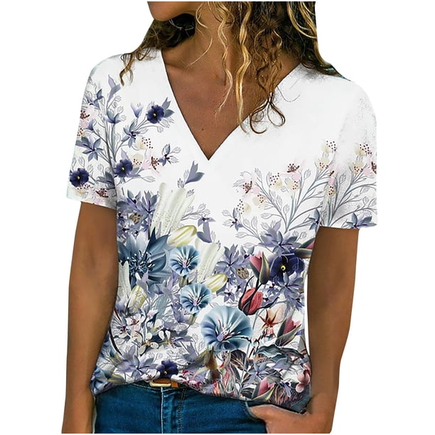 Camiseta de manga corta suelta con cuello en V y estampado informal a la moda para mujer Pompotops hkajfhjk464362