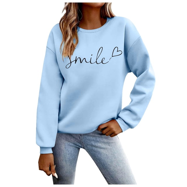 Amzcrzy Chandails pour Femmes Mode Imprimé Sourire Col Rond Chandail Décontracté Manches Longues pour Femmes Automne chandail Ample