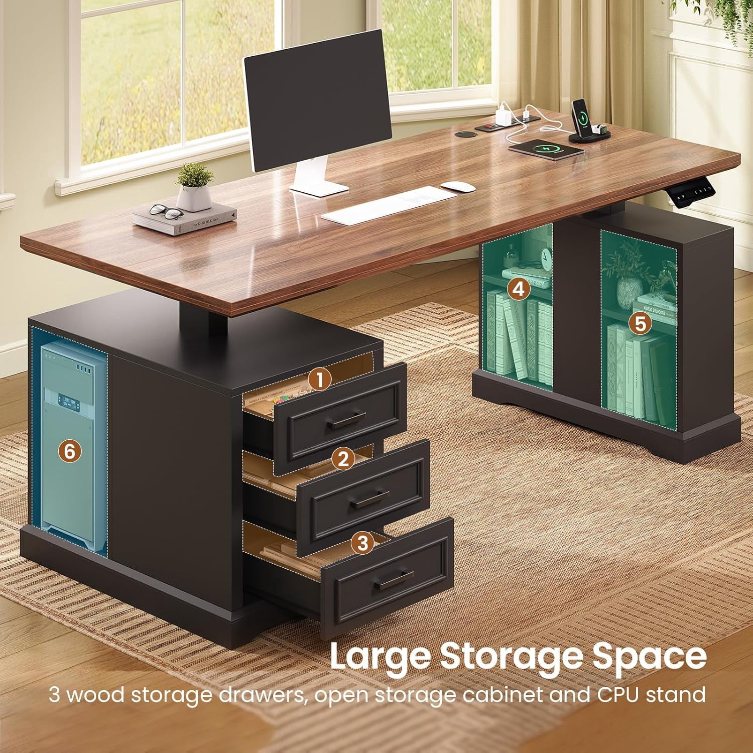 Electric Standing Desk with 3 Wood Drawers, Farmhouse Computer Desk with Power Outlets & Open Shelves, 63" Height Adjustable Home Office Desk, Stand Up Desk with Spacious Desktop & Storage, Black