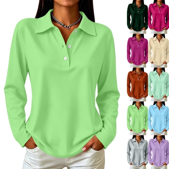 Women's Long Sleeve Polo Shirt with Button Placket | Long sleeve polo design, button placket, collared neckline, relaxed fit, teacher shirts for women elementary, fitted tops Green S