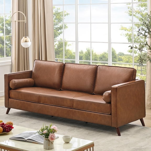 Homhougo 86" Mid Century Modern Leather Sofa for Living Room, 3 Seater Leather Couch, Deep Seat Couch, Cozy Sofa for Office, Apartment, High Density Sponge, Brown