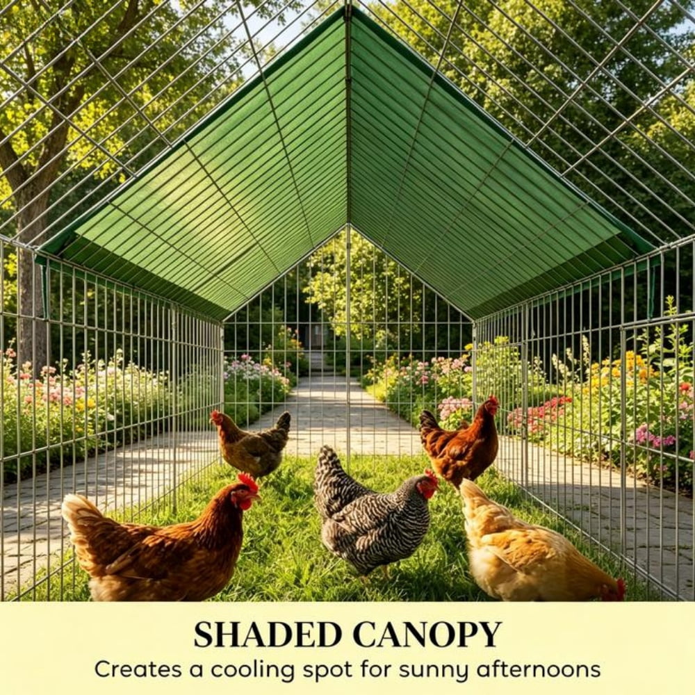 Long Outdoor Chicken Run Pen, Shade Oxford Canopy Powder Coated Steel Predator Proof Wire Mesh Rabbit Duck Kitten Playpen With Ground Stakes Locked Doors