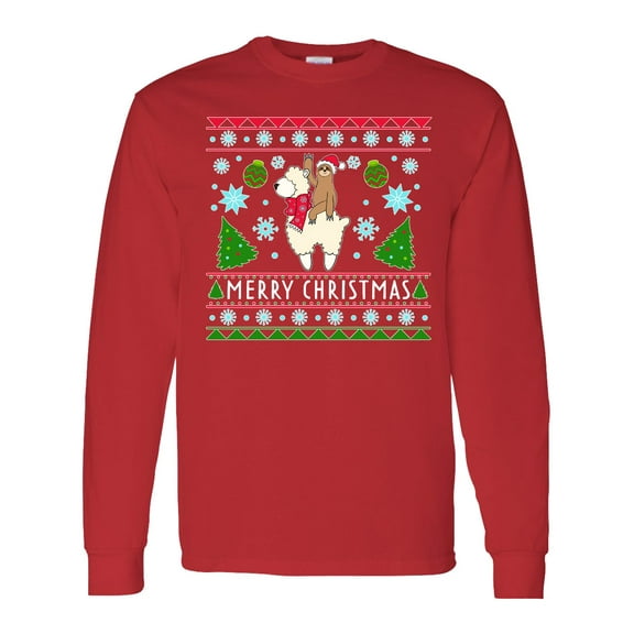 Inktastic Merry Christmas Sloth and Llama Ugly Sweater Style Long Sleeve T-Shirt