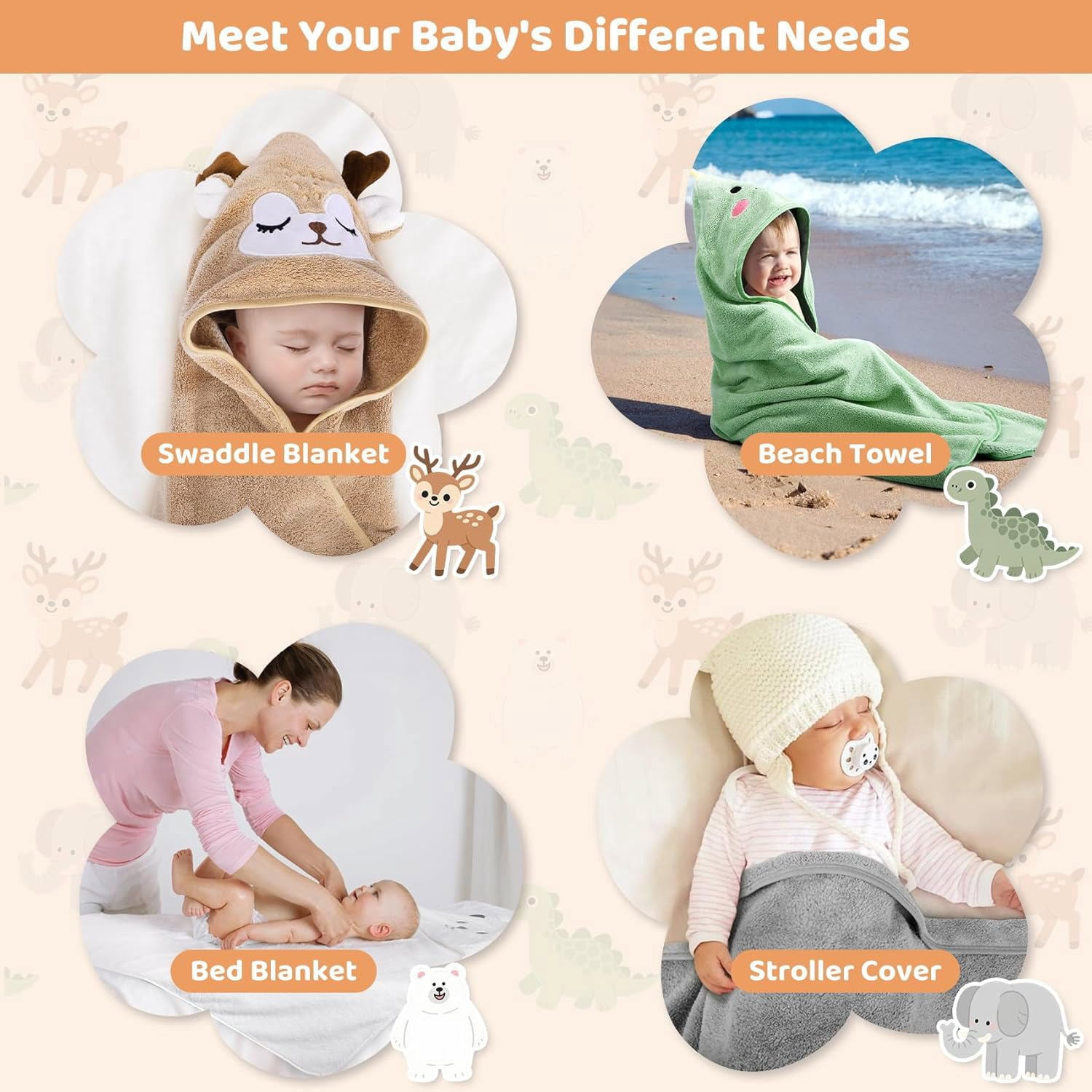 Baby Bath Towels Set for Infants Toddlers, 4 PCS Animal Hooded Baby Towels , Ultra Absorbent Cute Soft Newborn Essentials Gift for Boys & Girls