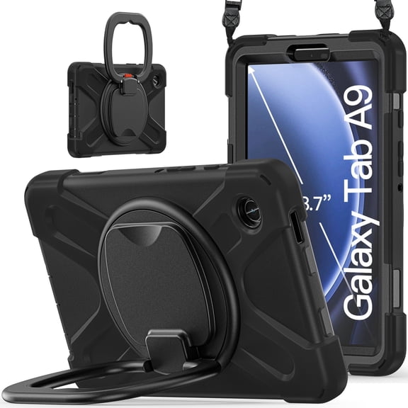Case for Samsung Galaxy Tab A9 8.7 inch, 360 Degree Rotating Hand Grip Shockproof Cover with Shoulder Strap, Black