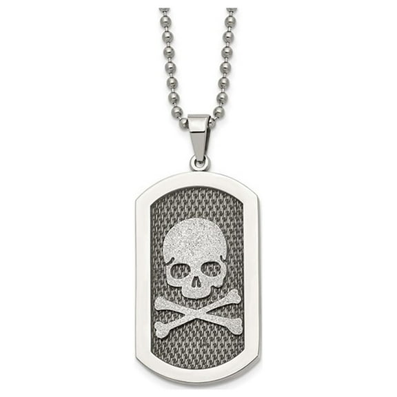 Mens Stainless Steel Polished Laser Cut Skull and Crossbones Dog Tag Pendant Necklace with Chain for Men