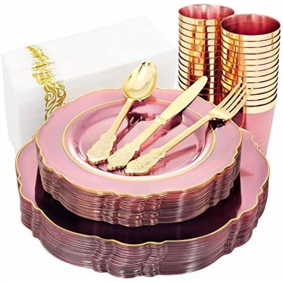 210Pcs Clear Pink Plastic Plates with Gold Rim - Disposable Gold   lverware &Pink C  s&Hand Napkin - Plum Colored Plastic Dinnerware for   scale Wedding