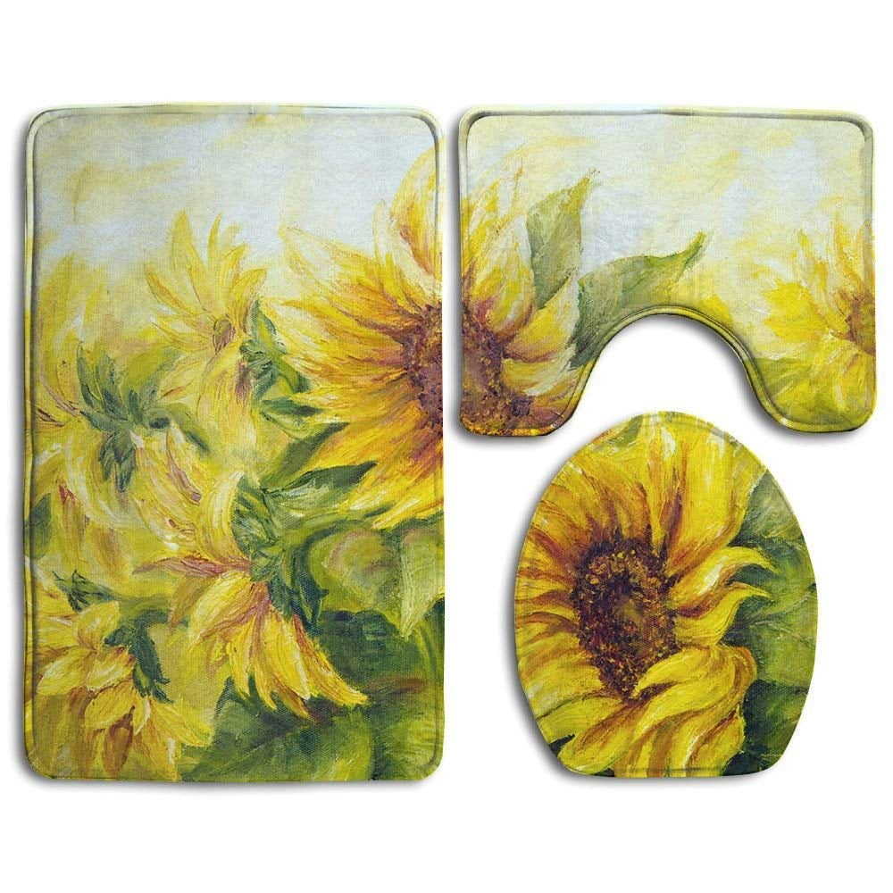 PUDMAD Sunflower 3 Piece Bathroom Rugs Set Bath Rug Contour Mat and Toilet Lid Cover