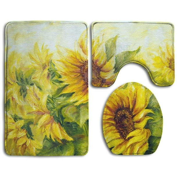 PUDMAD Sunflower 3 Piece Bathroom Rugs Set Bath Rug Contour Mat and