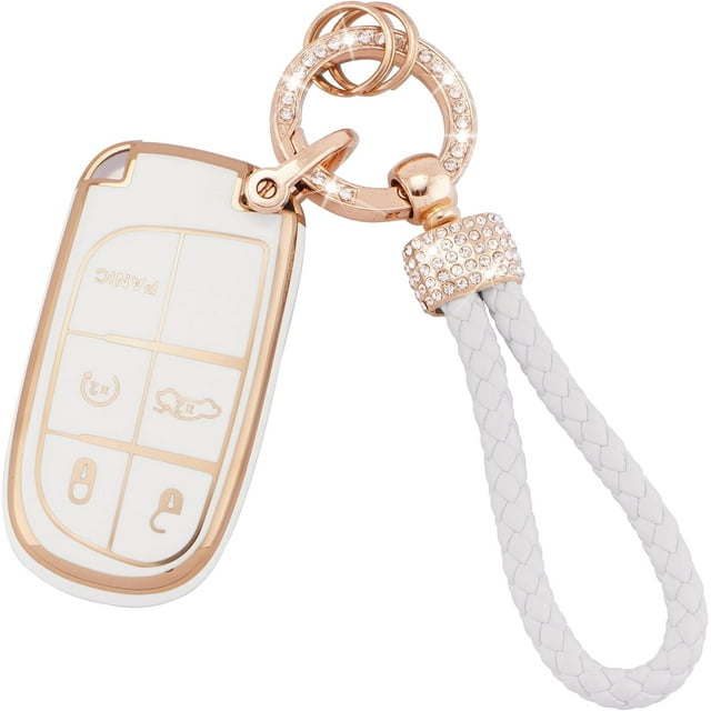 Key Fob Cover Compatible with Fit for Jeep Grand Cherokee Renegade Dodge Durango Challenger Journey Bling Key Case Protection Shell with Keychain Case Holder Protector,1,white
