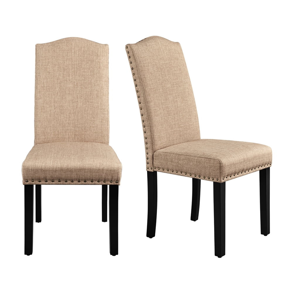 Topeakmart 2pcs Upholstered Fabric Dining Chair Kitchen Chair with Solid Wood Legs, Khaki