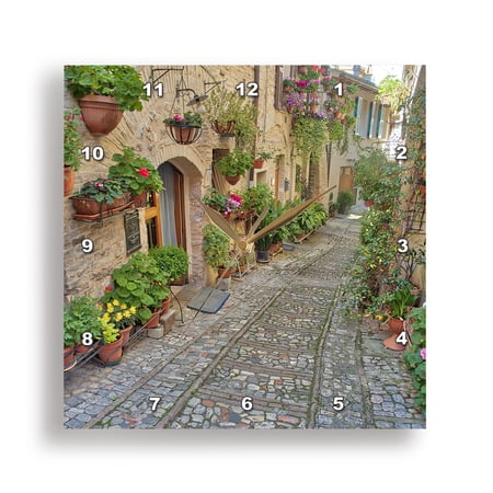 3dRose, Italy, Umbria, Spello. An alley with potted plants, 15x15 Wall Clock