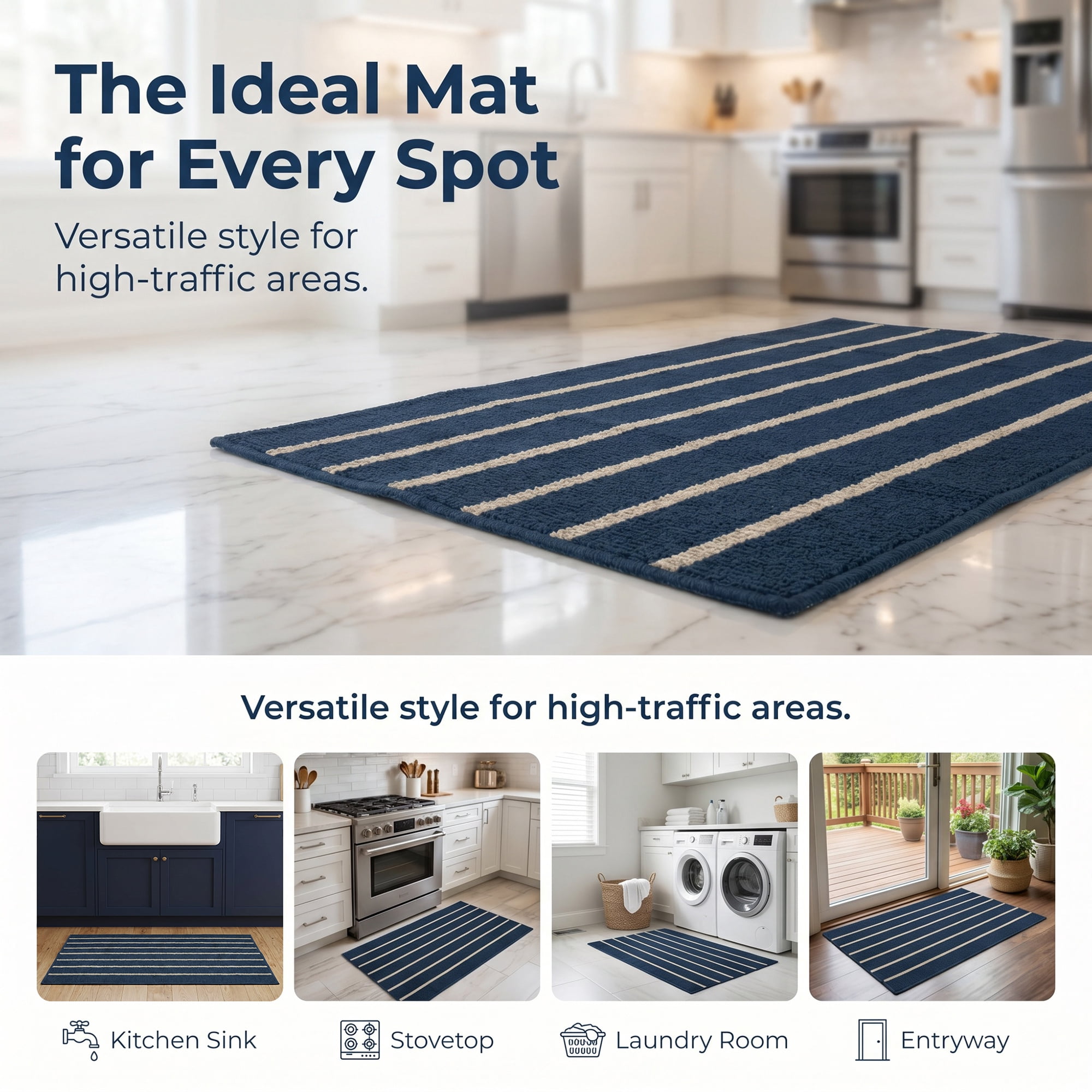 Unique Bargains Polypropylene Striped Non Slip Kitchen Runner Rug Blue 32" x 20"