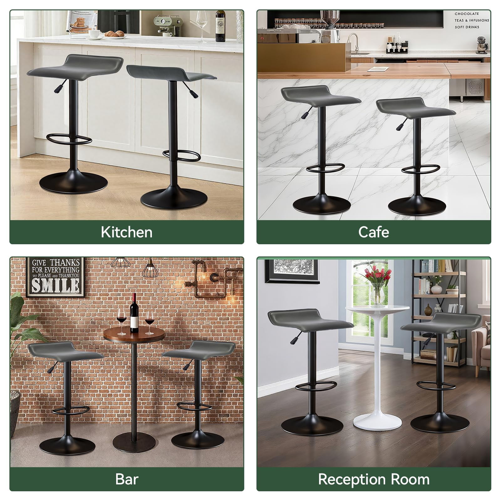 Adjustable Backless PU Leather Bar Stools Set of 2, 360° Swivel Counter Height Bar Stools with Footrest, Modern Armless Kitchen Island Chairs (Gray, Black Base)