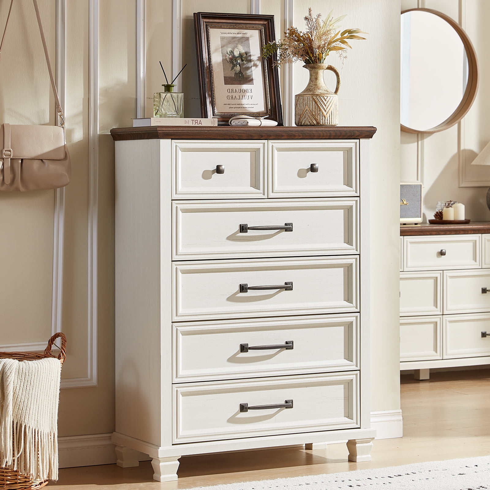 LELELINKY 6 Drawer White Dresser, Wood Storage Cabinet with Easy Pull Out Handles for Living Room,Chest of Drawers for Bedroom