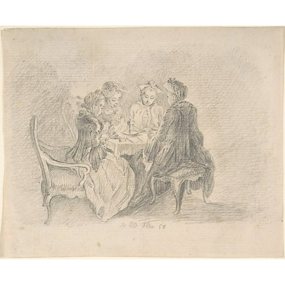 Four Ladies Sitting around a Table Occupied with Needlework, Reading, and Writing; verso: Study of a Woman with