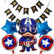 LOVSONG 6 PCS Superhero Balloons Captain America Balloons with Happy Birthday Banner Flag Birthday Party Mylar Foil Balloon Avengers Super Hero Birthday party party decoration