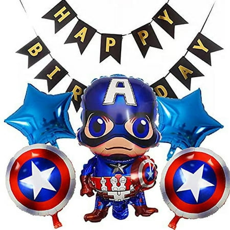 LOVSONG 6 PCS Superhero Balloons Captain America Balloons with Happy Birthday Banner Flag Birthday Party Mylar Foil Balloon Avengers Super Hero Birthday party party decoration