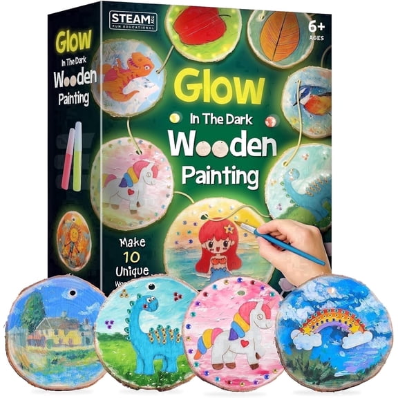 Piano Potato Glow in The Dark Wood Slice Painting Kit - 15 PCS DIY Wooden Ornament Art Set with Gems, All-Inclusive Arts and Crafts for Kids Ages 6-12, Creative Gift for Boys & Girls