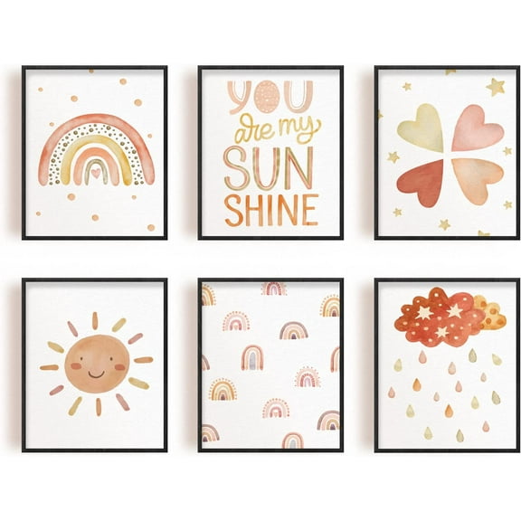 6 PCS You are My Sunshine Canvas Wall Art Unframed Print Heart Rainbow Wall Art Boho Wall Art Decor Girls Room Decor Boho Sunshine Nursery Decor for Baby Kids Room Decor Brown DIY