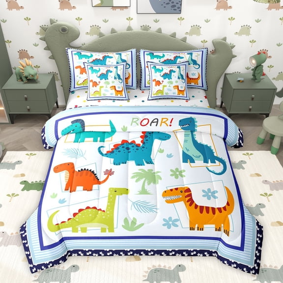 Homewish Cartoon Dinosaur Child Twin Bedding Sets 7-Piece, Cute Animal Wildlife Bedding Comforter Set, Floral Tree Plant Reversible Sheet Sets, Ultra Soft Bedroom Decor