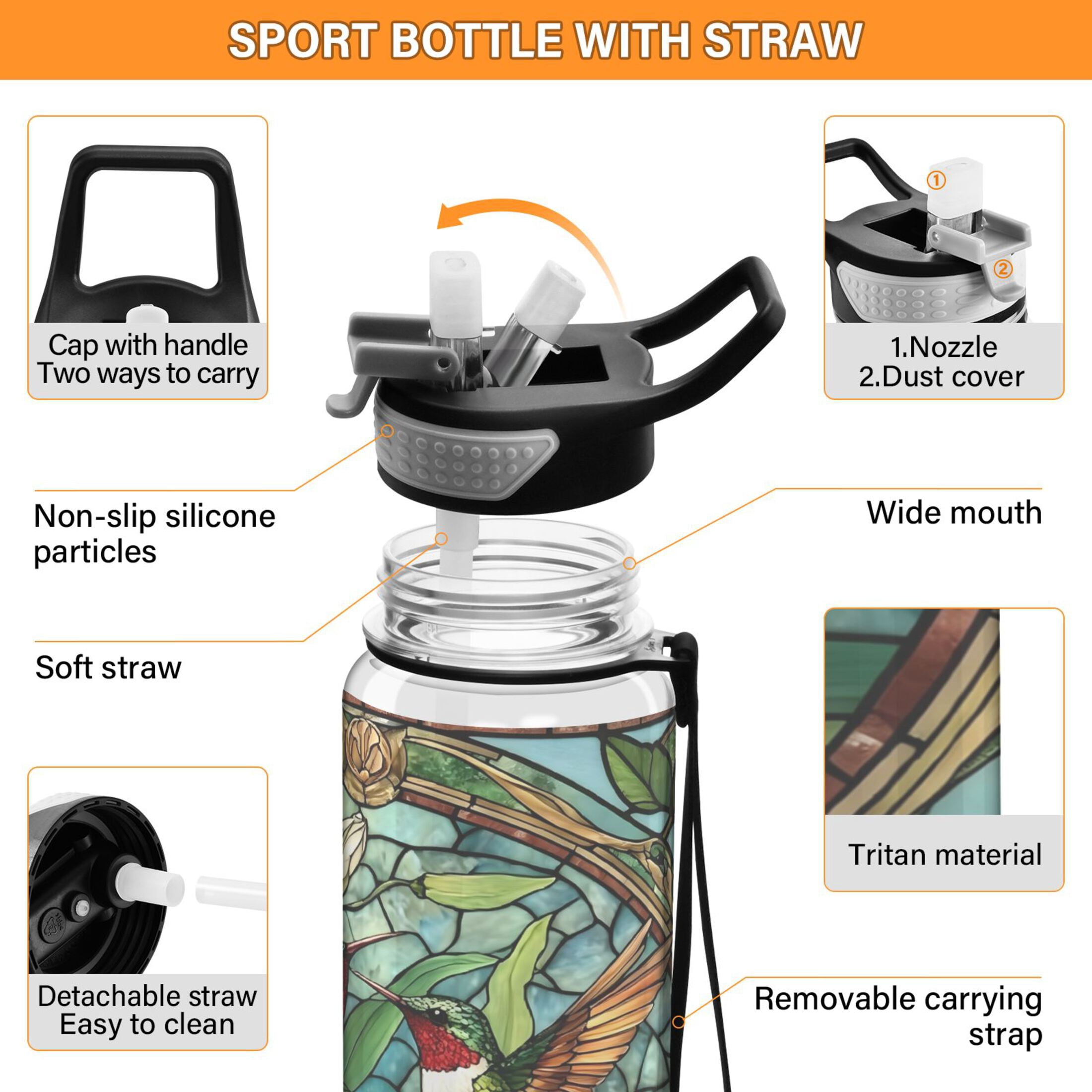 Qxltty Vintage Glass Bird Water Bottle 32 oz with Straw BPA Free Reusable Fitness Sport Bottle Perfect for Travel School Outdoors and Gym