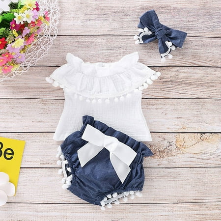 

DAETIROS Skin Friendly Newborn Baby Girl Sleeveless Tassels Tops+Shorts+Headband Cotton Set Outfit Blue