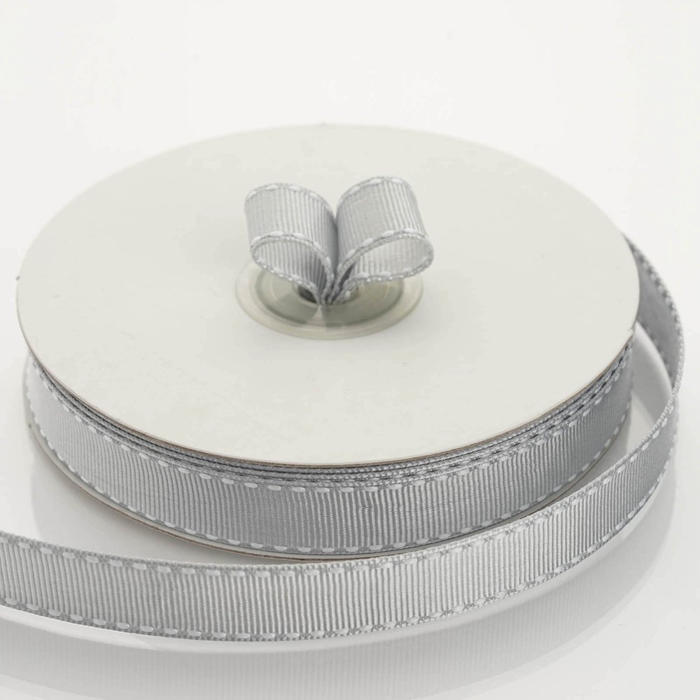 25 Yards 5/8" Silver Stitched Wholesale Grosgrain Ribbon By The Roll