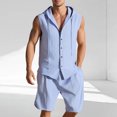 thumbnail image 2 of HBGVBA Men Summer Casual 2 Piece Solid Color Linen Pocket V-Neck Hooded Sleeveless Shirt Shorts Outfit Set, 2 of 5