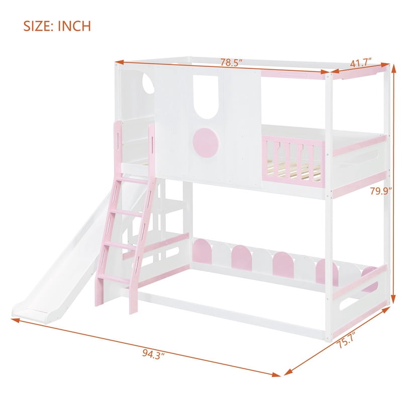 Twin Size Versatile Kids Loft/Bunk Bed with Floor Bed, House Bed Frame with Slide, Storage Shelves and Guardrails