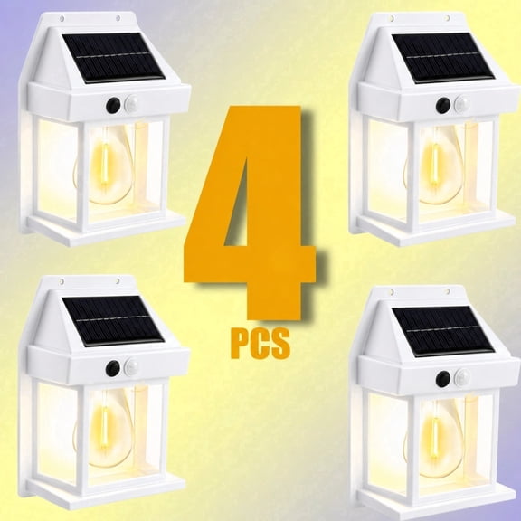 4 Pack Solar Wall Lights Outdoor with Motion Sensor, Warm White Filament Style Solar Porch Lights, Cordless Wall Lanterns for Front Door, Patio, Garden, Courtyard and Fence, White