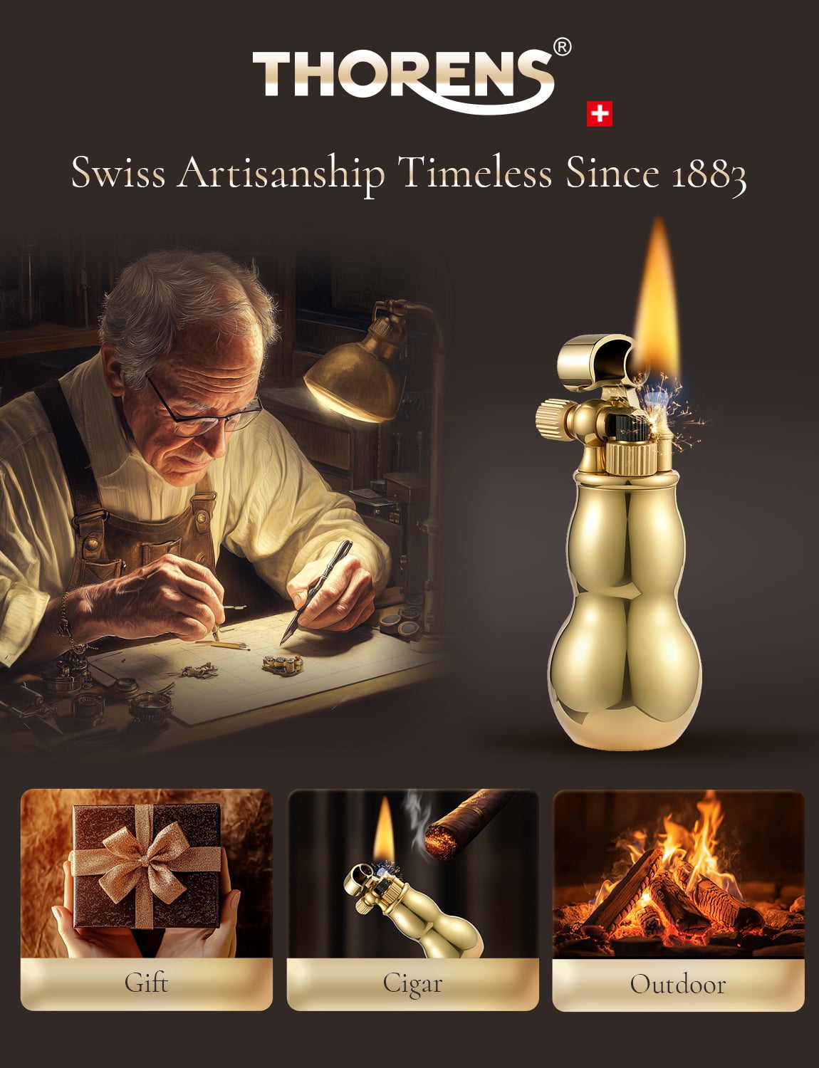 Swiss Vintage Mini Side-Slide Copper Kerosene Lighter,Refillable, Flip-Top, Grinding Wheel, Portable, Unique, Gift for Men, Thorens Gourd