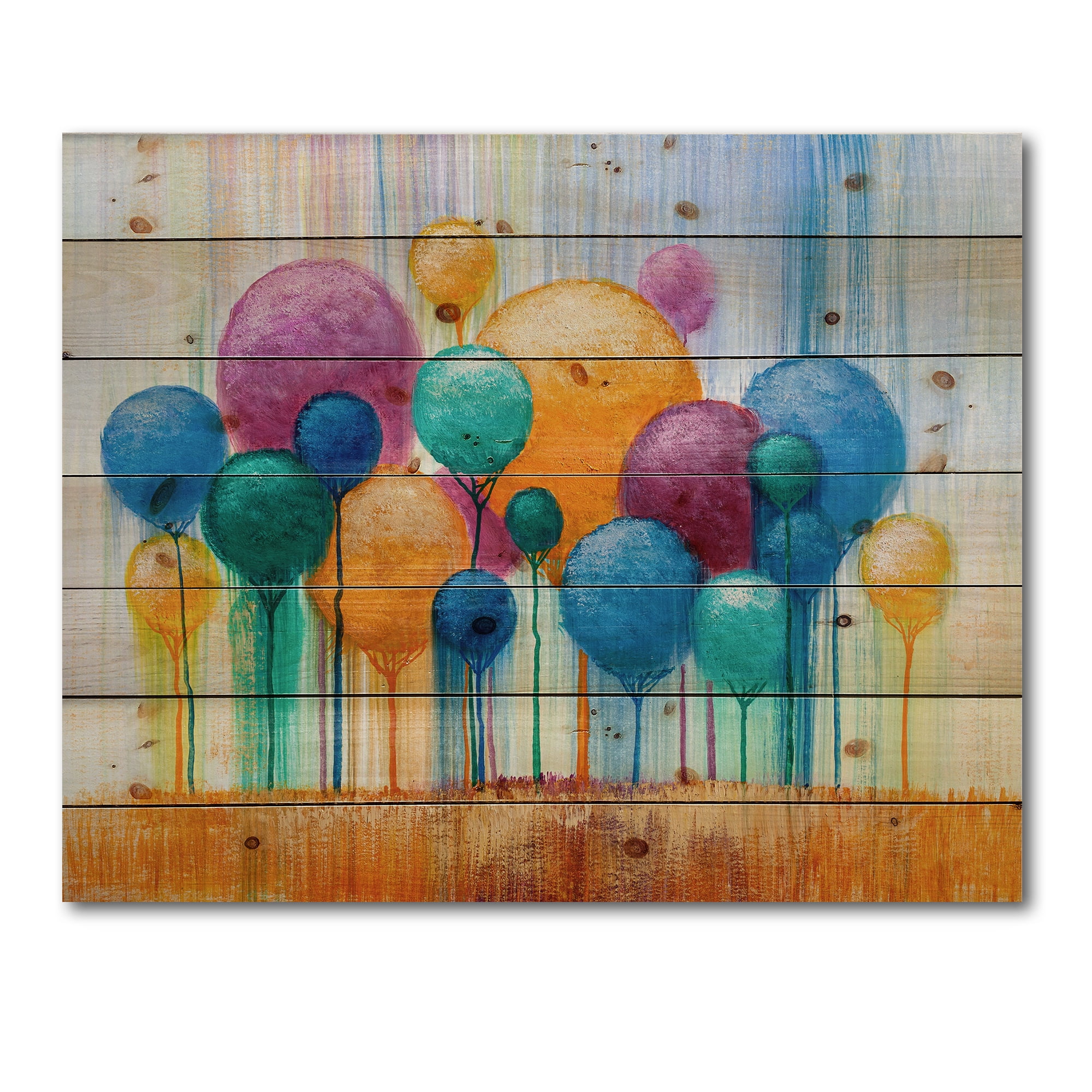 Designart 'Ornamental Colourful Trees IV' Modern Print on Natural Pine Wood