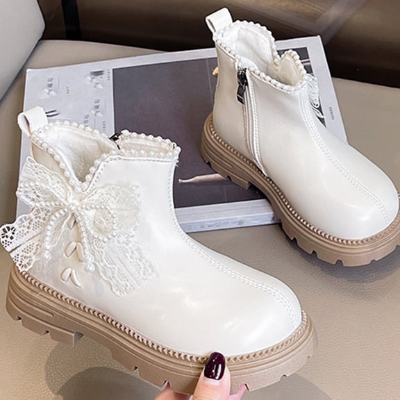Babcutegg Girls Fall Short Boots British Style Bow Knot Pearl Chunky Sole Ankle Boots Kids Fashion Everyday Wear Beige Size 1 Little Kid
