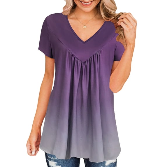 XXLvision Women Fashion Printed V-Neck Top Pleated Short Sleeve Casual T-Shirt Blouse