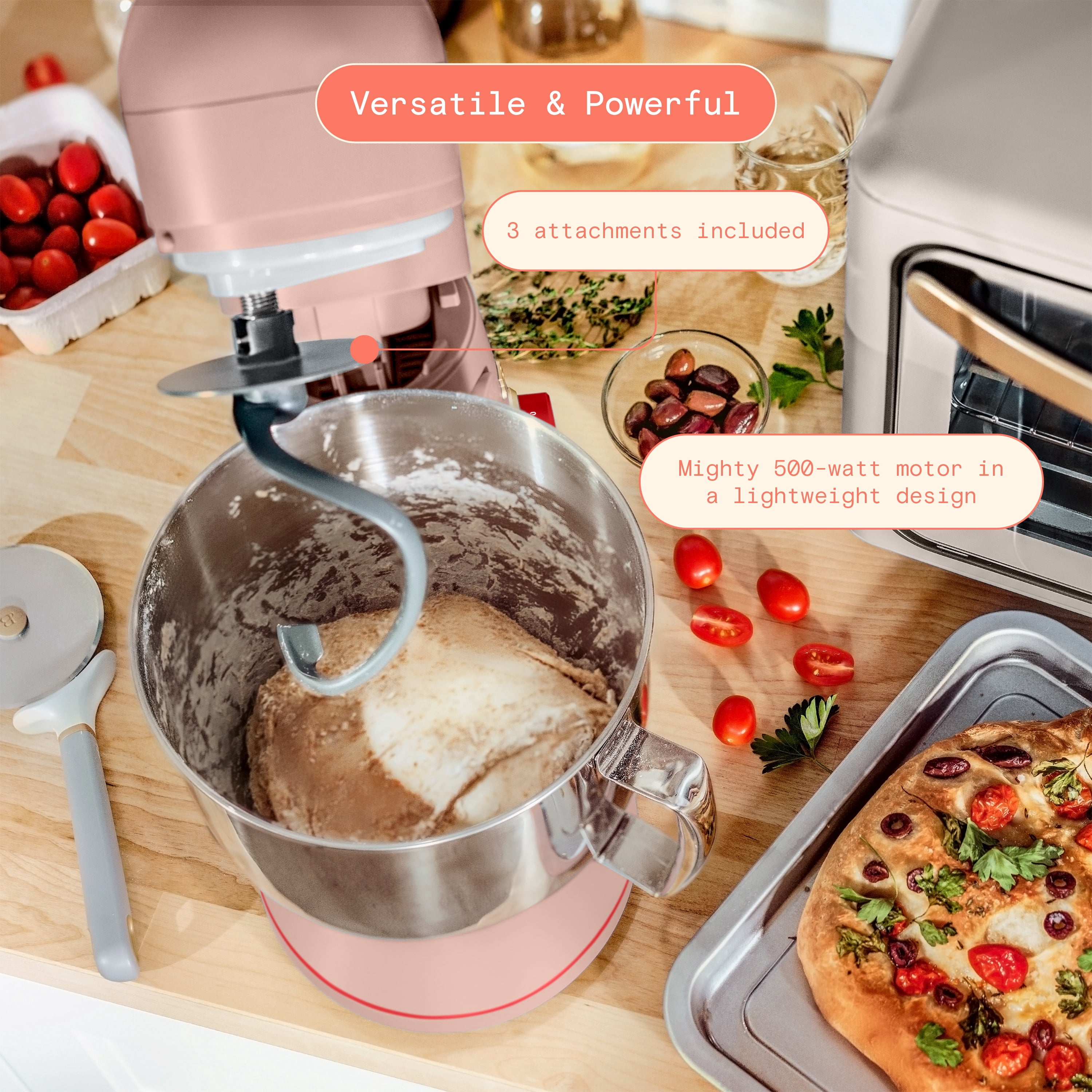 Beautiful 5.3 Qt Tilt-Head Stand Mixer with Flat Beater, Dough Hook & Balloon Whisk, Rose and Tomato Red by Drew Barrymore