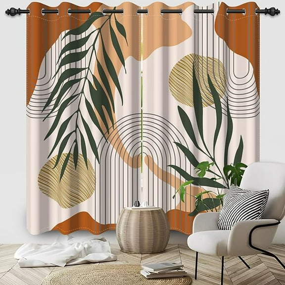 Mid Century Boho Blackout Curtains, Abstract Green Leaves Window Curtain For Living Room Terracotta And Beige Window Curtains Room Darkening Drapes With Grommets 26"W x 63"L (Pack of 2)
